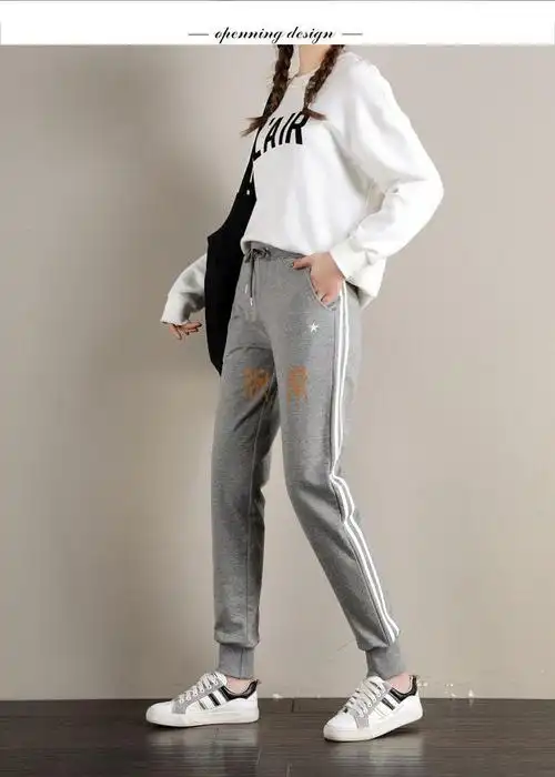 春秋季女式运动裤小脚裤铅笔裤束脚休闲裤学生松紧腰浅灰色双杠春秋