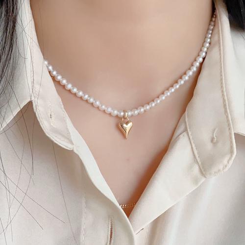 漂亮~韩国纯14k金珍珠项链女 气质淡水天然珍珠坠桃心锁骨链颈链