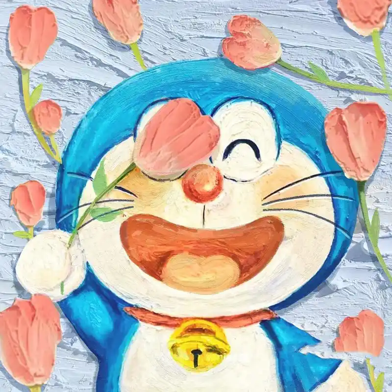 【治愈卡通】哆啦a梦郁金香肌理画 哆啦a梦和哆啦美的肌理画,加上