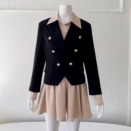 通勤小西装外套小个子黑色气质修身收腰休闲双排扣西服外套 91523