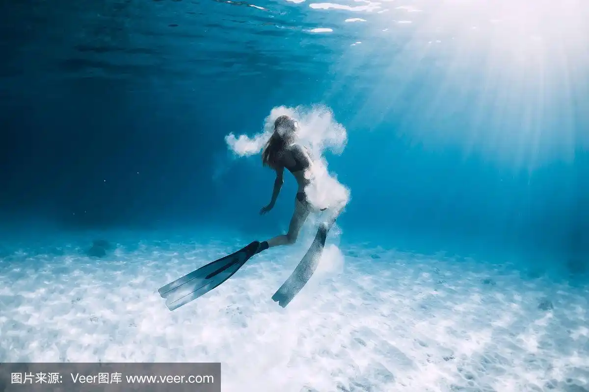 女人,自由潜水,水下,沙子,海洋