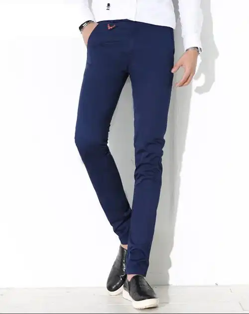 藏蓝色修身刺绣休闲裤