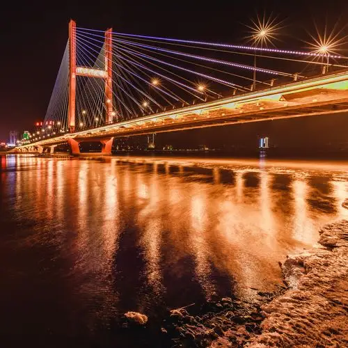 吉林市临江门大桥及其对面的夜景