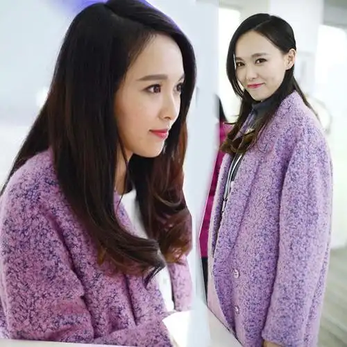 克拉恋人唐嫣米朵同款秋冬韩版中长款毛呢外套茧型紫色呢子大衣女