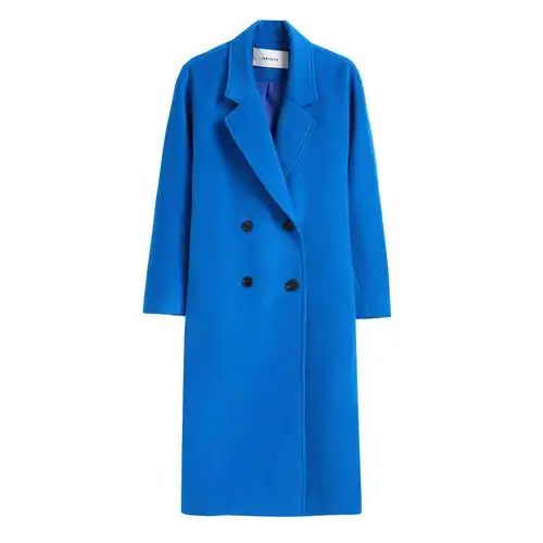 安瑞井湖蓝色显白大衣女2022冬季羊毛西装领双排扣过膝款大衣