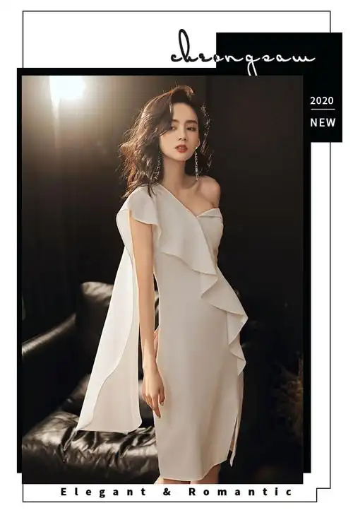 yundongma洋装白色小晚礼服裙女夏法式气质短款单肩平时可穿宴会主持