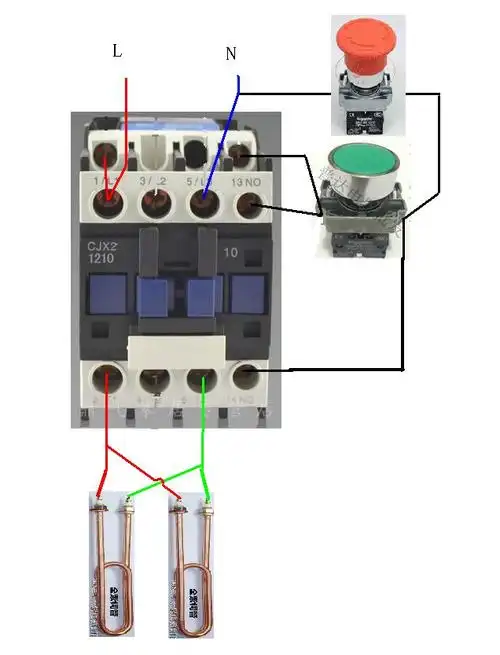 2根220v的加热棒接220v接触器怎么接,必须用220v的电源