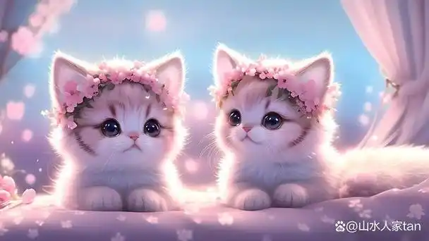 在这个童话般的世界中,两只可爱的小猫紧紧依偎在一起,它们的头上戴着