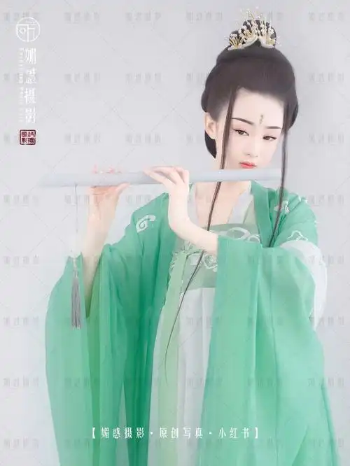 95959594乌黑的秀发绾着流云髻,髻间插着几朵珠花,额前垂着