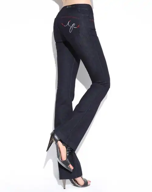 藏蓝色低腰微喇牛仔裤