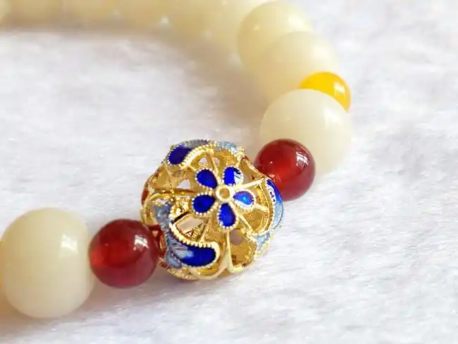 白菩提根苹果园银烧蓝鎏金花顶珠手串团购