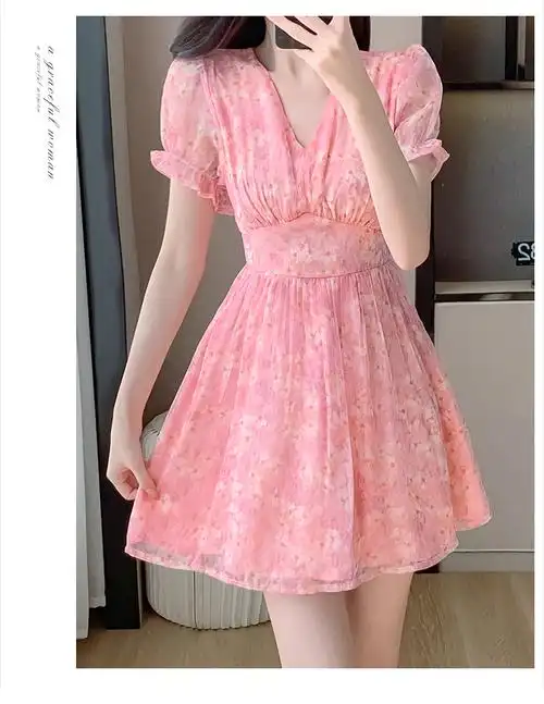 2024新款夏季粉色雪纺小个子连衣裙收腰显高温柔风气质高级感裙