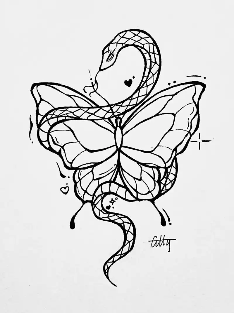 黑白简笔画03(70)|蝴蝶与蛇.#画画 #手绘 #蝴蝶 # - 抖音