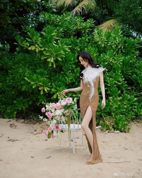 杨幂今日活动look金色白纱领开衩长裙好美