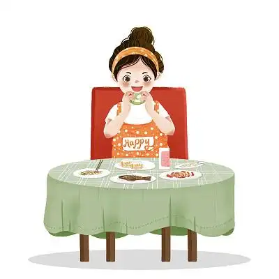 手绘居家女孩儿吃饭插画吃饭人物