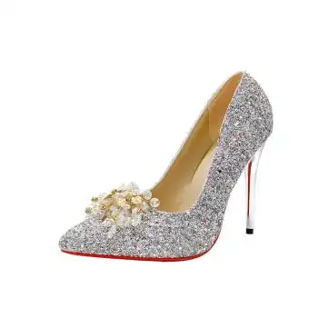 稼昀满钻女鞋水钻新娘鞋秀禾婚纱两穿水晶鞋高跟鞋婚鞋女单鞋银色35