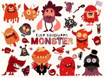 可爱的恐怖万圣节怪兽和糖果, 矢量插图的涂鸦可爱的怪物照片