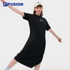 fila斐乐fusion斐乐潮牌女子连衣裙2024夏季新款宽松开衩t恤裙子长裙