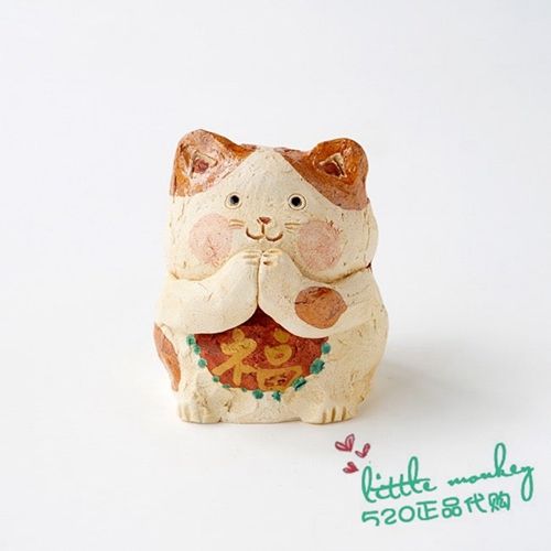 日本代购 福猫 猫咪 双手合十 匠人手工 可爱 陶制招福摆件装饰
