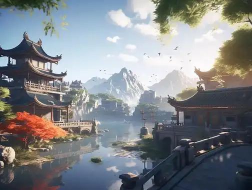 唯美古风动漫复古建筑廊亭壁画植物山水云间插画古代场景游戏场景桌面