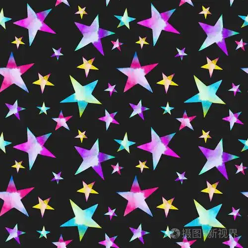 水彩,彩色星星,无缝图案,手绘在黑暗的背景上