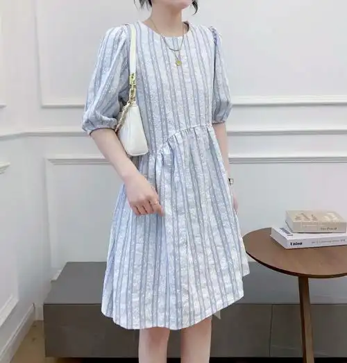 设计感法式新款宫廷风蓝色仙女裙韩版泡泡纱条纹连衣裙2021年夏季