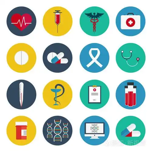 平面图标集的医疗工具和医疗设备, 科学研究和健康治疗服务.