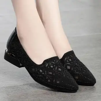 中年凉皮鞋女夏天穿的夏季女鞋网纱凉鞋女单鞋低跟平底镂空粗跟妈妈