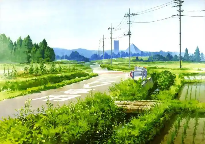 动画风景云彩草地道路