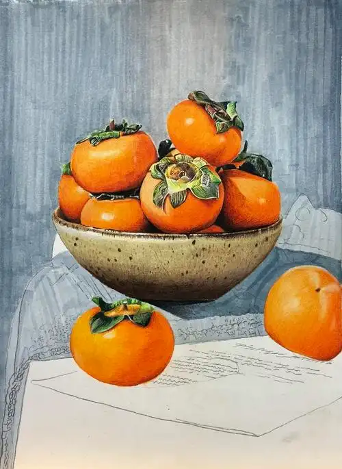 彩铅写实作品《柿61如意》|纯艺术|绘画|叶子彩铅写实 - 原创作品