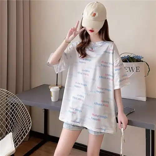 t恤少女夏装2022新款初中高中学生宽松休闲字母半袖上衣服女装潮白色m