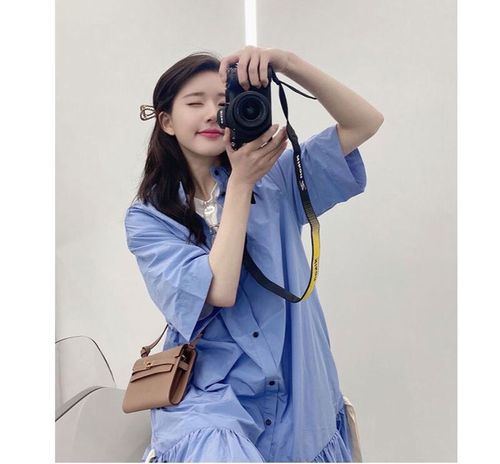 赵露思法式设计女夏连衣裙衬衫短袖蓝色衣服同款连衣裙