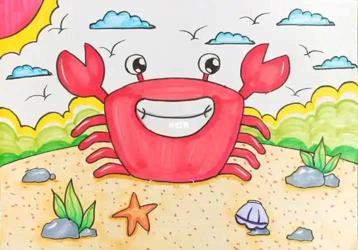 儿童画马克笔绘画调皮可爱的小螃蟹