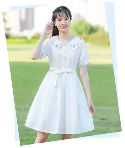 中学生裙子女初中高中生13韩版大童15岁女生连衣裙少女夏装中长款 白