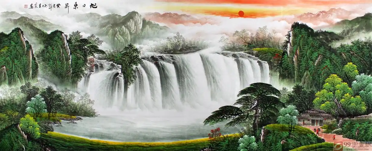 吴东小八尺聚宝盆风水画《旭日东升》 - 聚宝盆山水画 - 99字画网