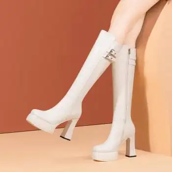 戴潆萱全牛皮超高跟高筒靴女冬季欧美粗跟防水台小个子长靴超高跟骑士