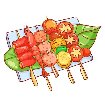烧烤串串香肉串丸子组合插画素材