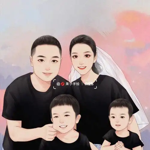 七夕手绘头像一家四口全家福