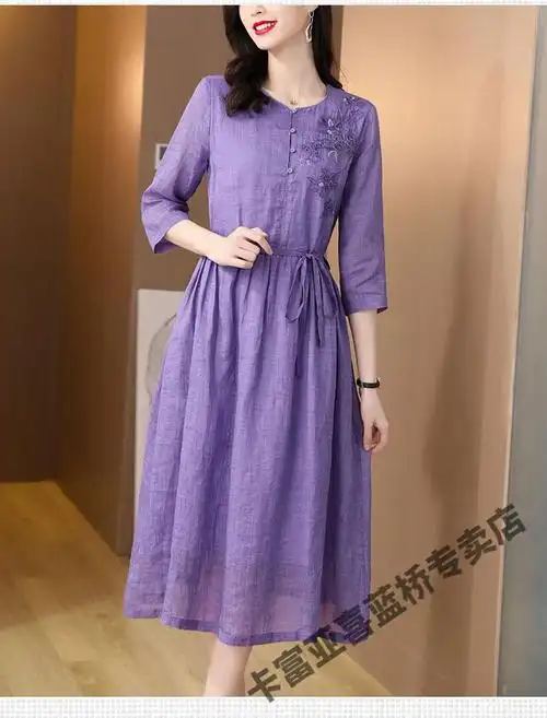 kafuya素订女装官方夏款高品质杭州亚麻苎麻品牌棉麻连衣裙女夏季2022