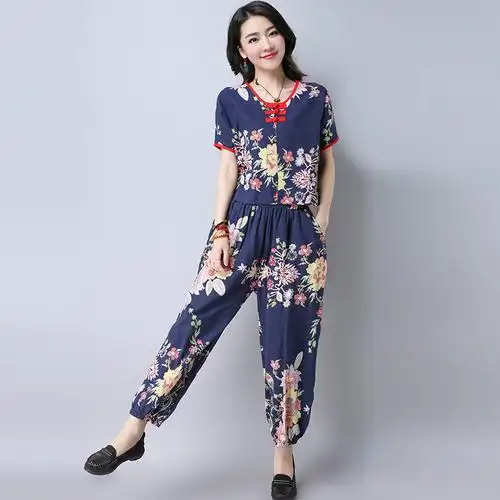 棉麻套装女 2017夏季新款民族风棉麻上衣阔腿裤宽松大码套.