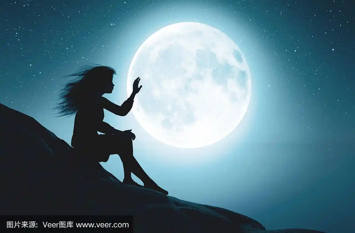 一个人,女孩,月亮,旅途,超现实主义的