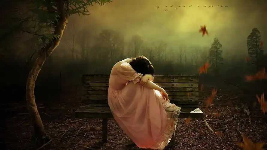 悲伤的女孩,粉红色的裙子,长凳,森林 壁纸
