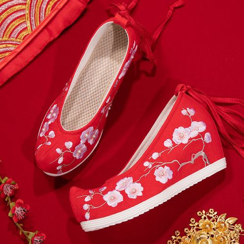 汉服鞋女中式坡跟配汉服婚鞋红色翘头履古代内增高绣花新娘秀禾鞋