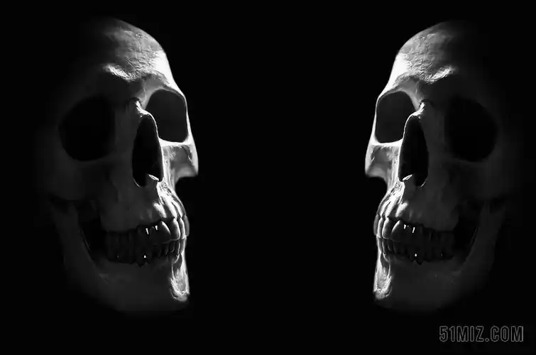 黑白人体昏暗两个相对的骷髅头人体头部骷髅背景图片