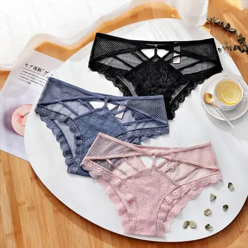 网纱蕾丝性感无痕女士三角裤 加肥加大码性感透明蕾丝内裤女批发