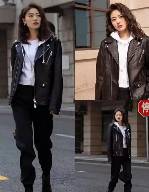 女生春季穿黑皮衣太帅了!