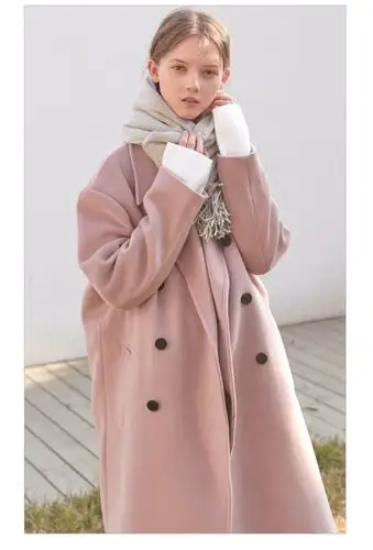 haoduoyi简约清新优雅淑女豆沙色双排扣大廓形落肩翻领女士长款大衣