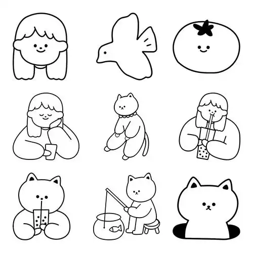 可爱黑白少女和猫手绘贴纸