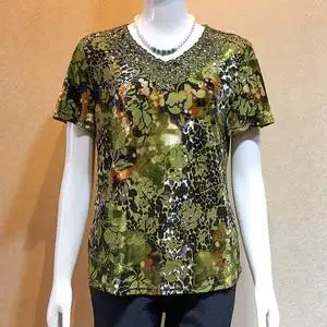 一品奴女装v领短袖绣花金丝绒薄款大码妈妈夏装中老年时尚上衣