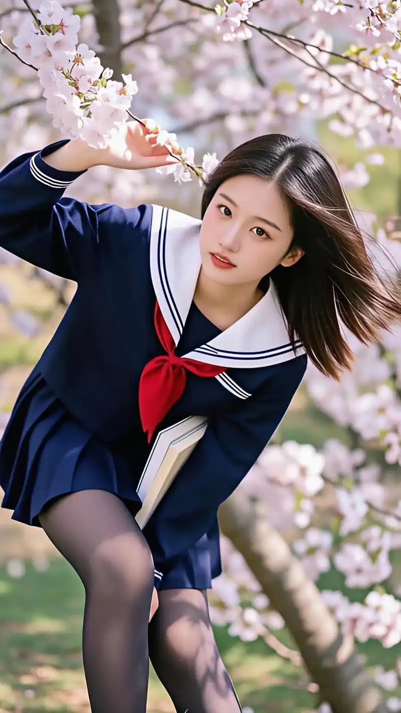 美女壁纸149.中国少女身着藏青色jk水手服,白色翻领配红色